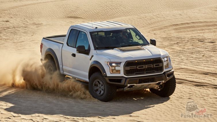 Дрифт серого Ford Раптор в пустыне