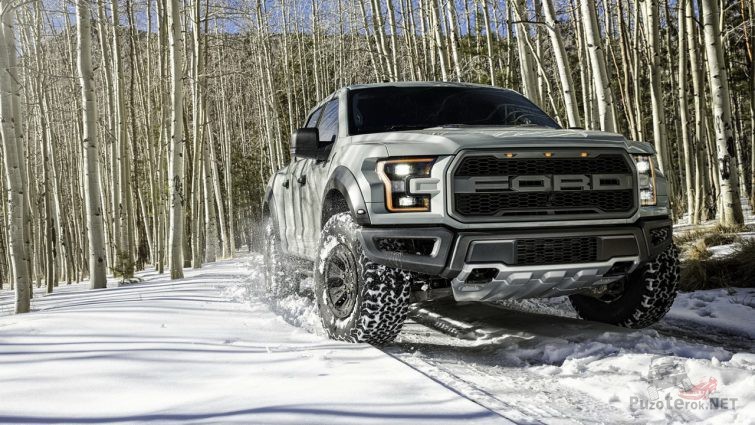 Ford Раптор едет по снегу в берёзовой роще